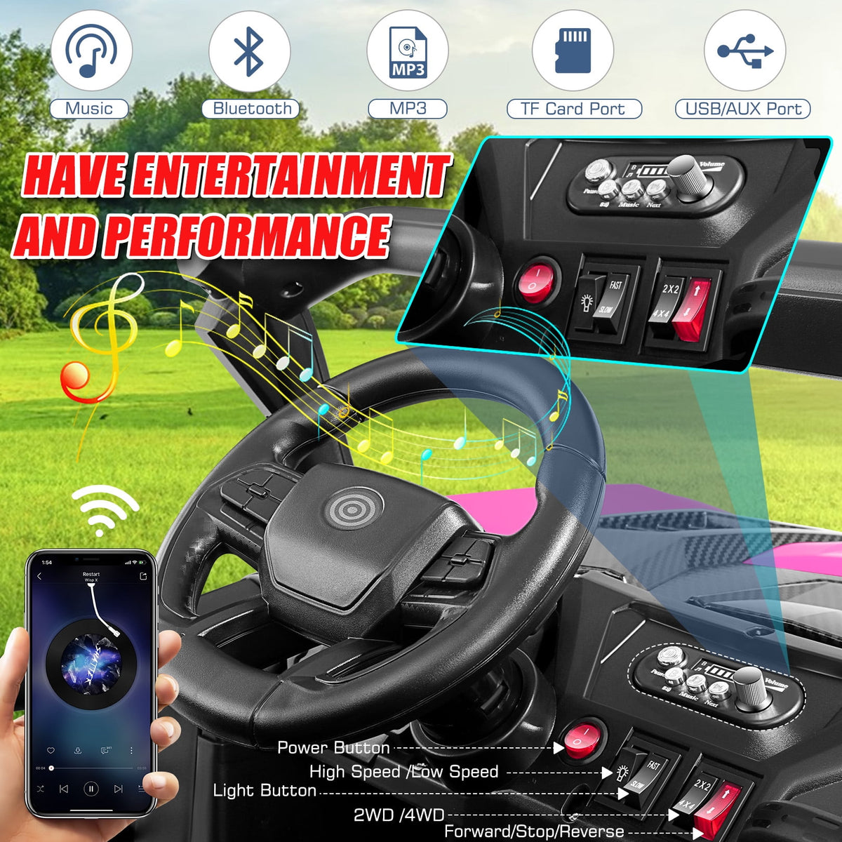 Funcid 24V Ride on Toys 4WD Ride on Cars with Remote Control, 2 XL Seater Electric Car for Kids, Power Car Wheels, UTV w/ 4*200W Motor, Bluetooth, Music, Lights, 3 Speeds, Black