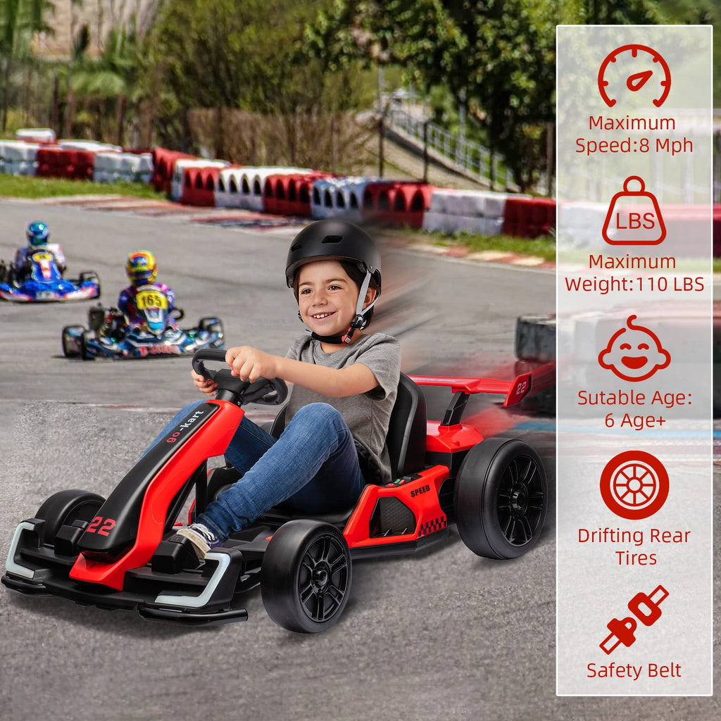 24V Kids Electric Go Kart, 300W Drift Ride-On Car with Dual 150W Motors - Adjustable Seat, 4 Speed Modes, 8.5mph Max, LED Lights, Music & Horn, Safety Belt, Outdoor Racing Toy - Red