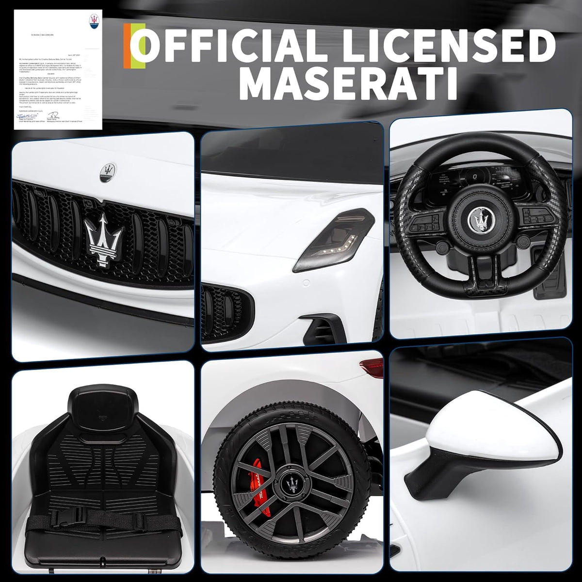 12V Licensed Maserati Ride-On Electric Car, Remote Control, 4.5Ah Battery, LED Lights, Spring Suspension, Double Doors, USB, FM Radio, 2-3 MPH