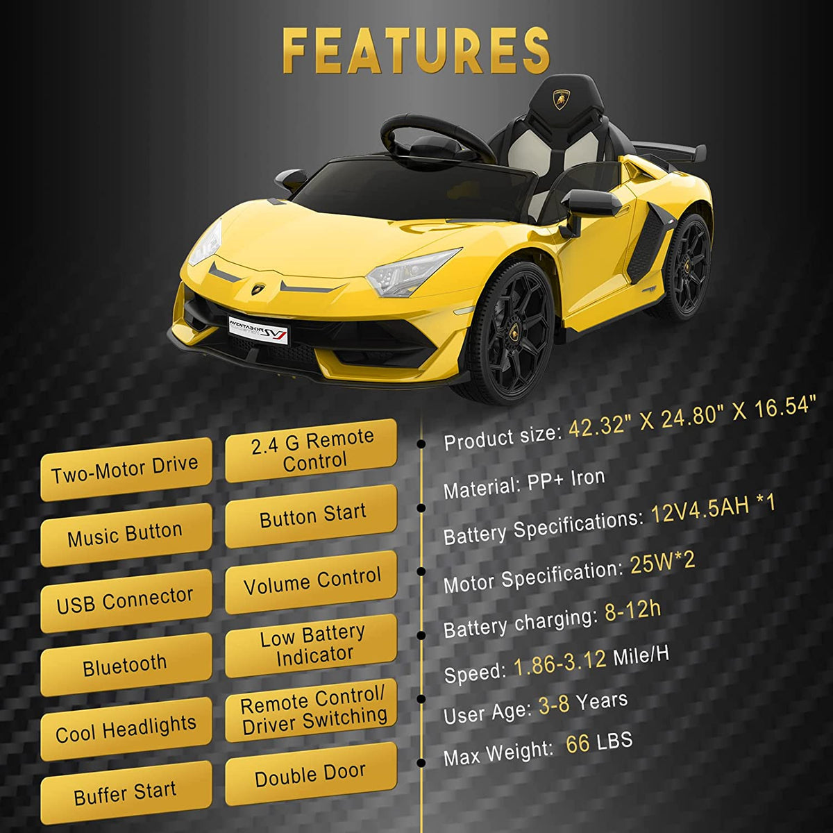 12V Licensed Sports Car Ride On Vehicle with Remote Control, Electric Ride On Car with Bluetooth, Hydraulic Swing Doors, LED Lights, Dual 25W Motors, USB/AUX/TF Audio