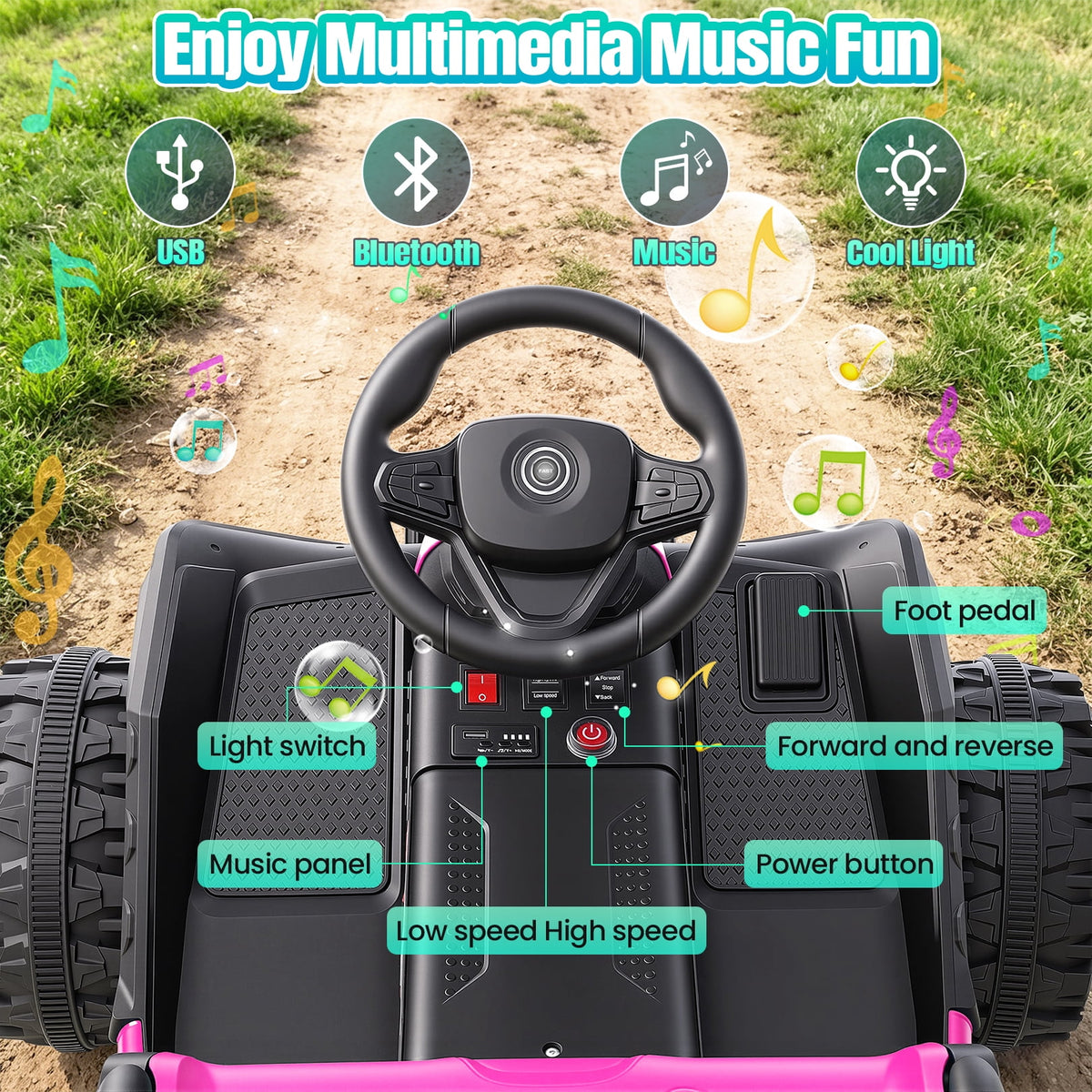VIBESPARK 24V Ride on Toys with Remote Control, 3 in 1 Ride on Car, Ride on ATV for Kids with Trailer, 6 Wheel Kids Electric Car w/ Bluetooth, MP3, Music, Black