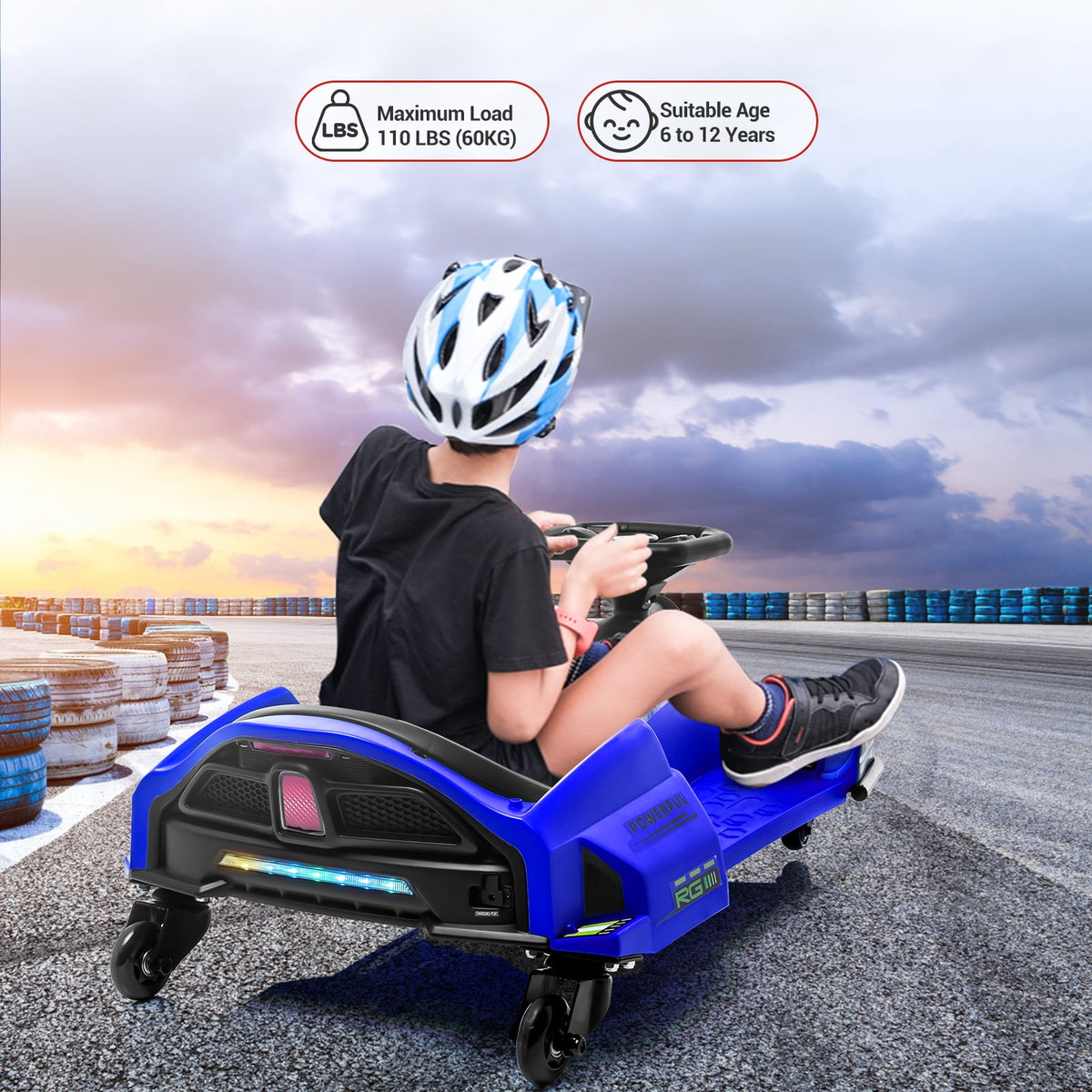 Ride On Drift Kart, Go Kart, Electric Go Kart 24V Drift Kart - 180W Brushless Motor, 7.5 mph Variable Speed, LED Light, Soft Start Battery Powered for Kids 8-12