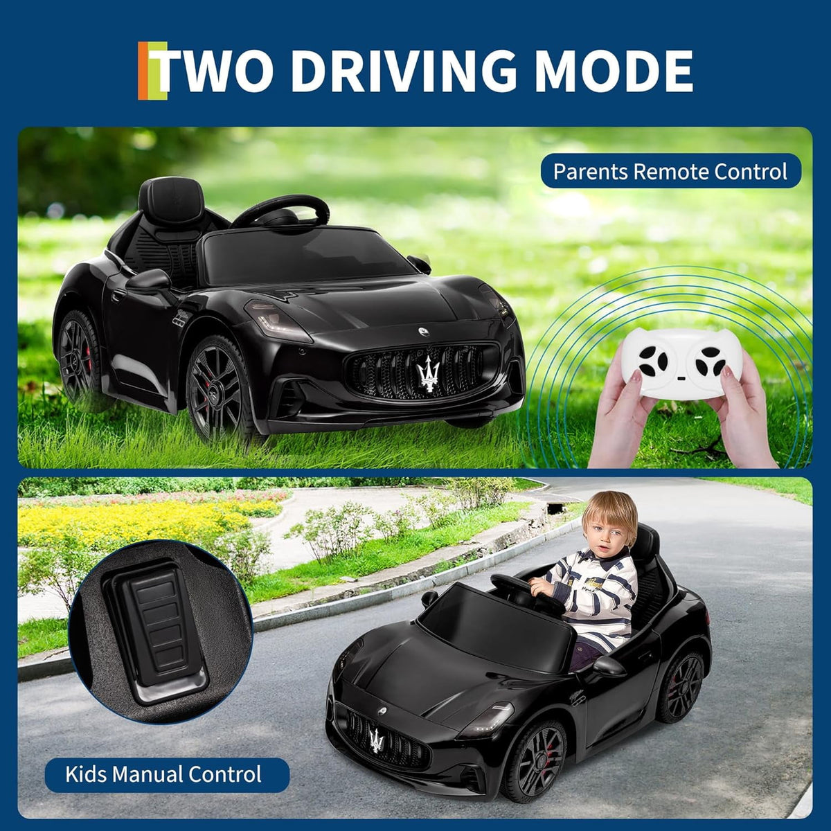 12V Licensed Maserati Ride-On Electric Car, Remote Control, 4.5Ah Battery, LED Lights, Spring Suspension, Double Doors, USB, FM Radio, 2-3 MPH