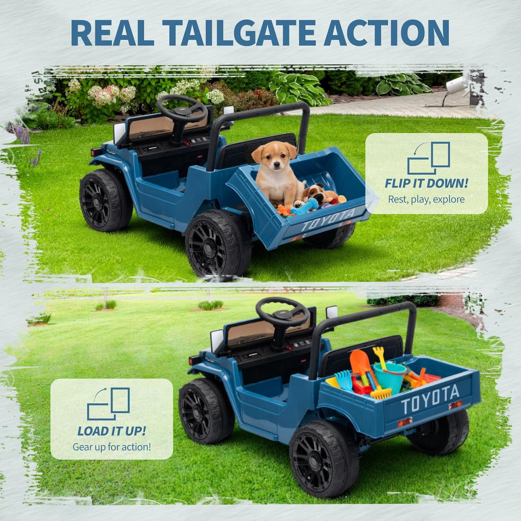 12V Licensed Toyota Ride-On Pickup Truck, Electric Ride-On Car with Remote Control, Lift-Up Dump Bed, Suspension, Bluetooth, Music, 3.73 MPH