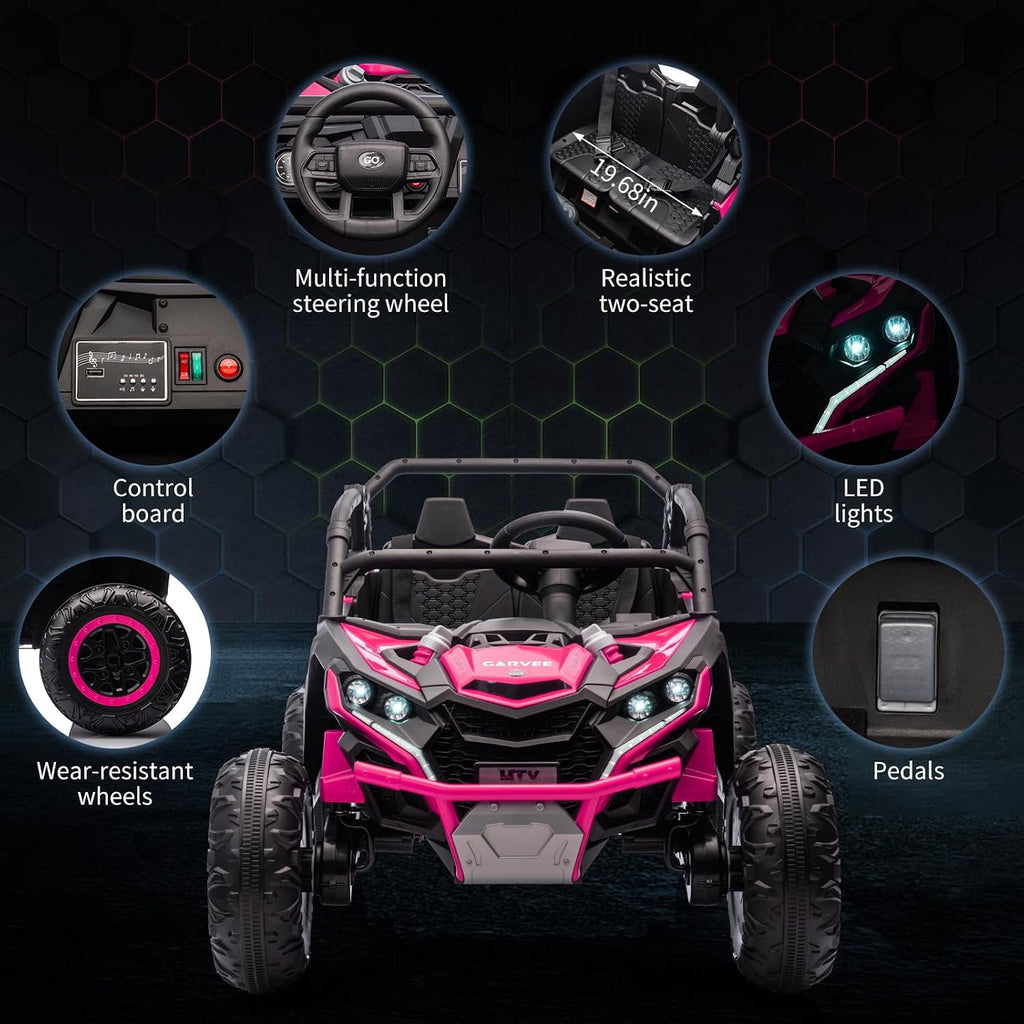 24V 2-Seater Ride On UTV for teens. Remote Control. 4x200W Motors. Bluetooth Music. LED Lights. 3 Speeds. . Safety Belt. All-Terrain Electric Vehicle,Rose Red