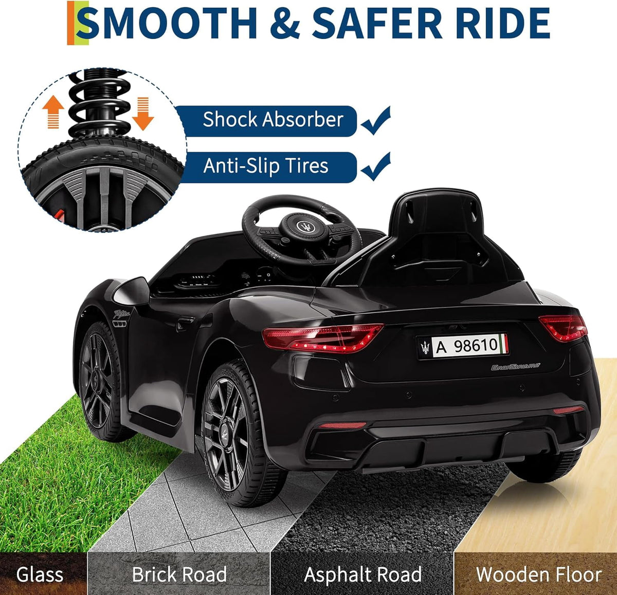 12V Licensed Maserati Ride-On Electric Car, Remote Control, 4.5Ah Battery, LED Lights, Spring Suspension, Double Doors, USB, FM Radio, 2-3 MPH