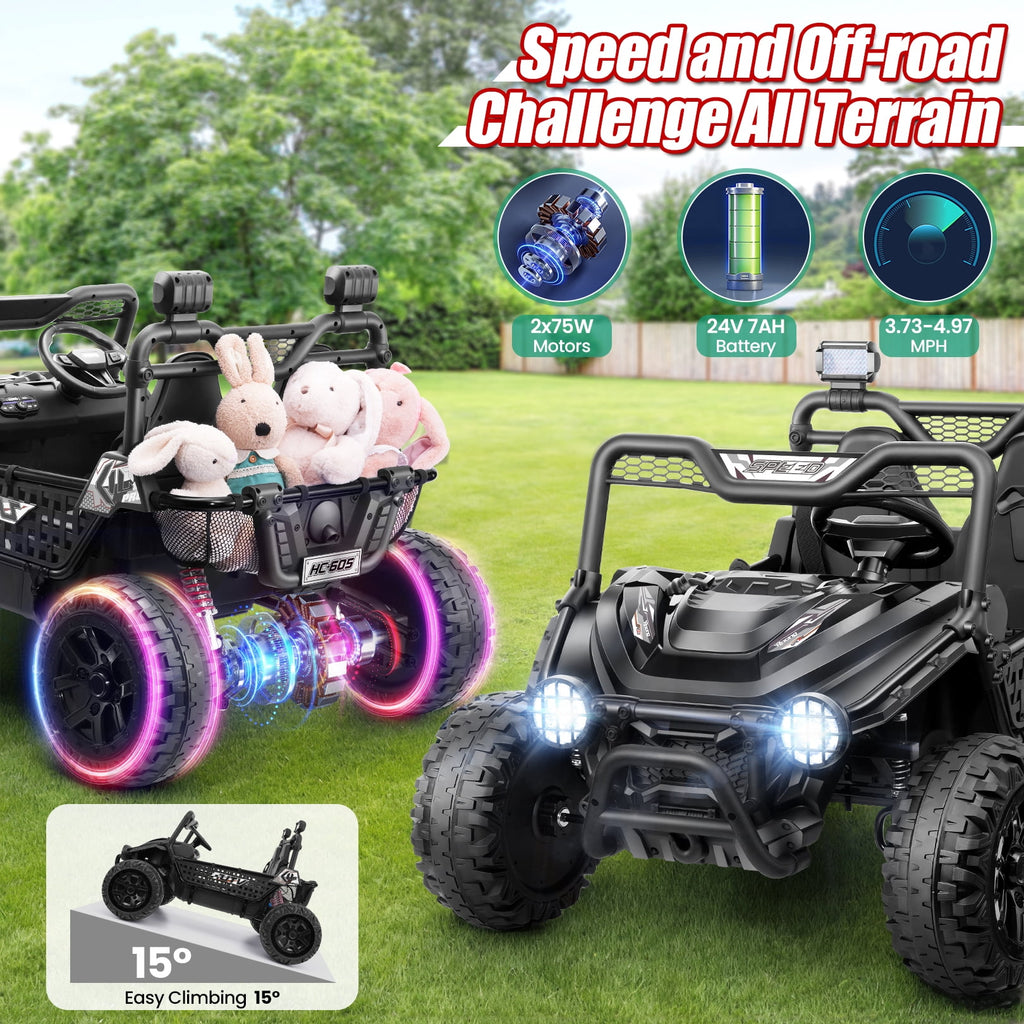 Funcid Metal Frame 24 Volt Ride on Toys, 2-Seater Ride on Cars with Remote Control, Electric Car for Kids, Power UTV Wheels with Key Start, Storage Bag, Bluetooth, Music, Spring Suspension, Pink