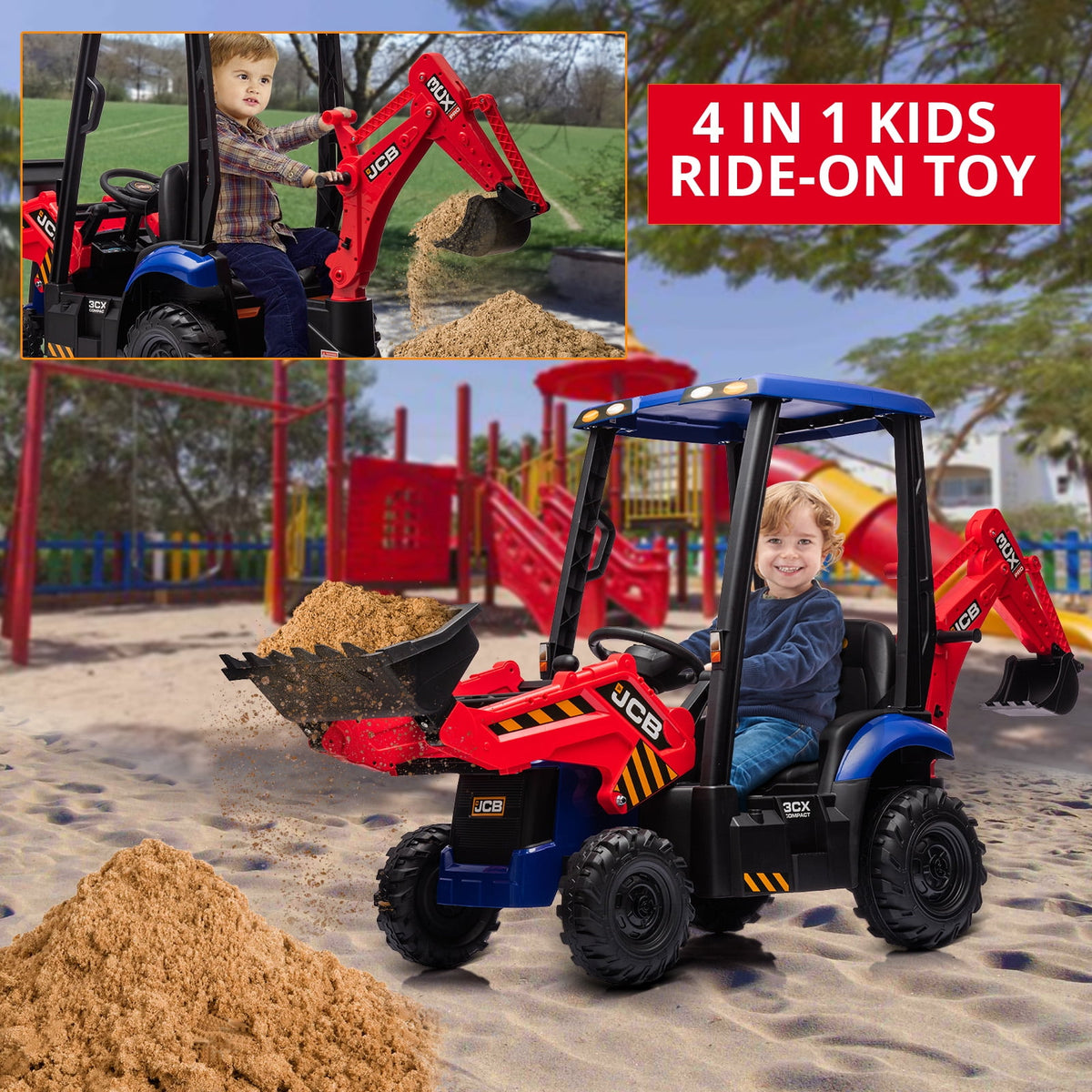 4 in 1 Ride on Excavator & Bulldozer, 12V Kids Electric Vehicle with Remote Control, Front Loader, Digger, Horn, Adjustable Seat, Excavator Ride on Car Toy, White