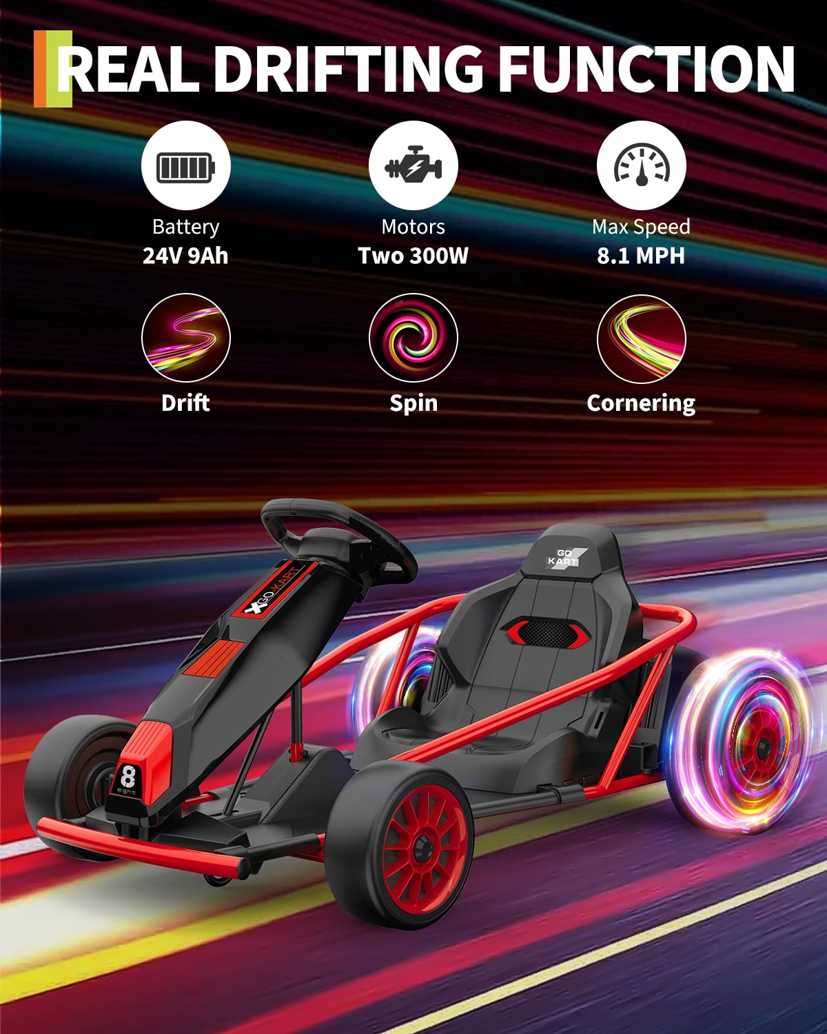 24V Electric Go Kart for Kids 8-12 - Dual 300W Motors, 9Ah Battery, 8MPH High-Speed Drifting, Slow Start, Full Metal Frame, Music, Horn, Power Display, Max Load 155Lbs, Ride-On Toy - Brown
