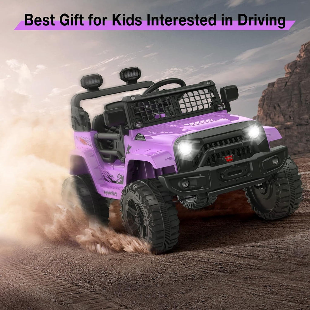 12V Electric Ride On Car with Remote Control, Off Road Ride On Vehicle with Bluetooth, LED Lights, Spring Suspension, Adjustable Seat Belt, All Terrain Tires, 61 lbs Capacity