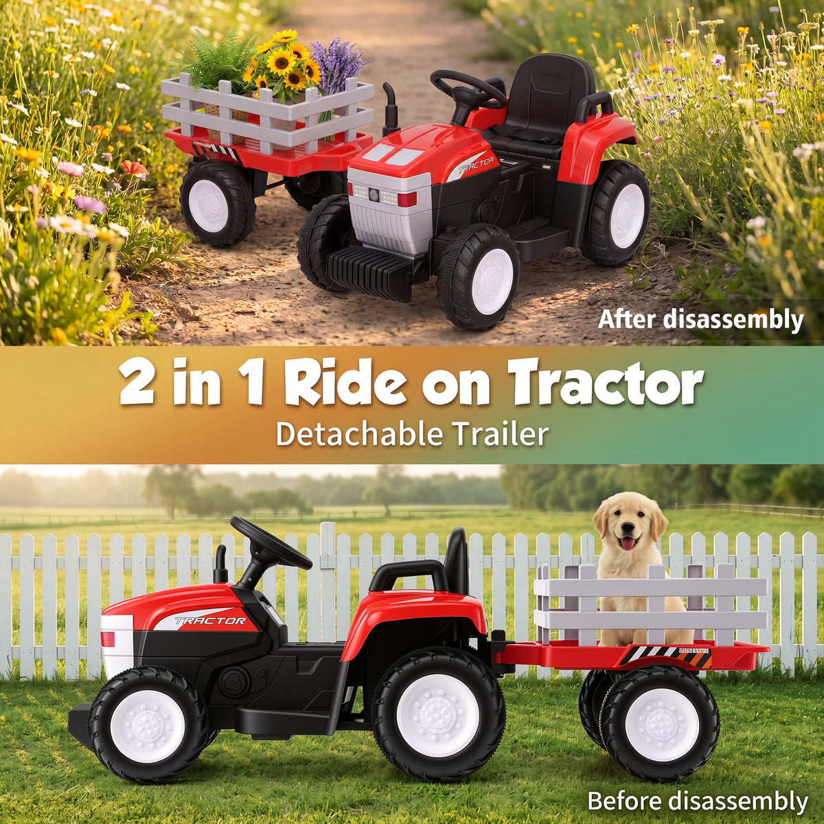 Farmdex 24V Ride on Tractor with Detachable Trailer, Ride on Toys for Kids w/ Remote Control, Electric Cars for Kids, LED Lights, Bluetooth, Music, MP3, Green