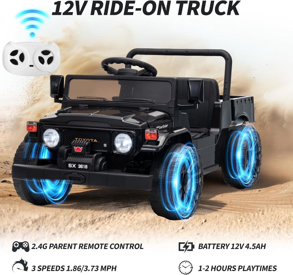 12V Licensed Toyota Ride-On Pickup Truck, Electric Ride-On Car with Remote Control, Lift-Up Dump Bed, Suspension, Bluetooth, Music, 3.73 MPH